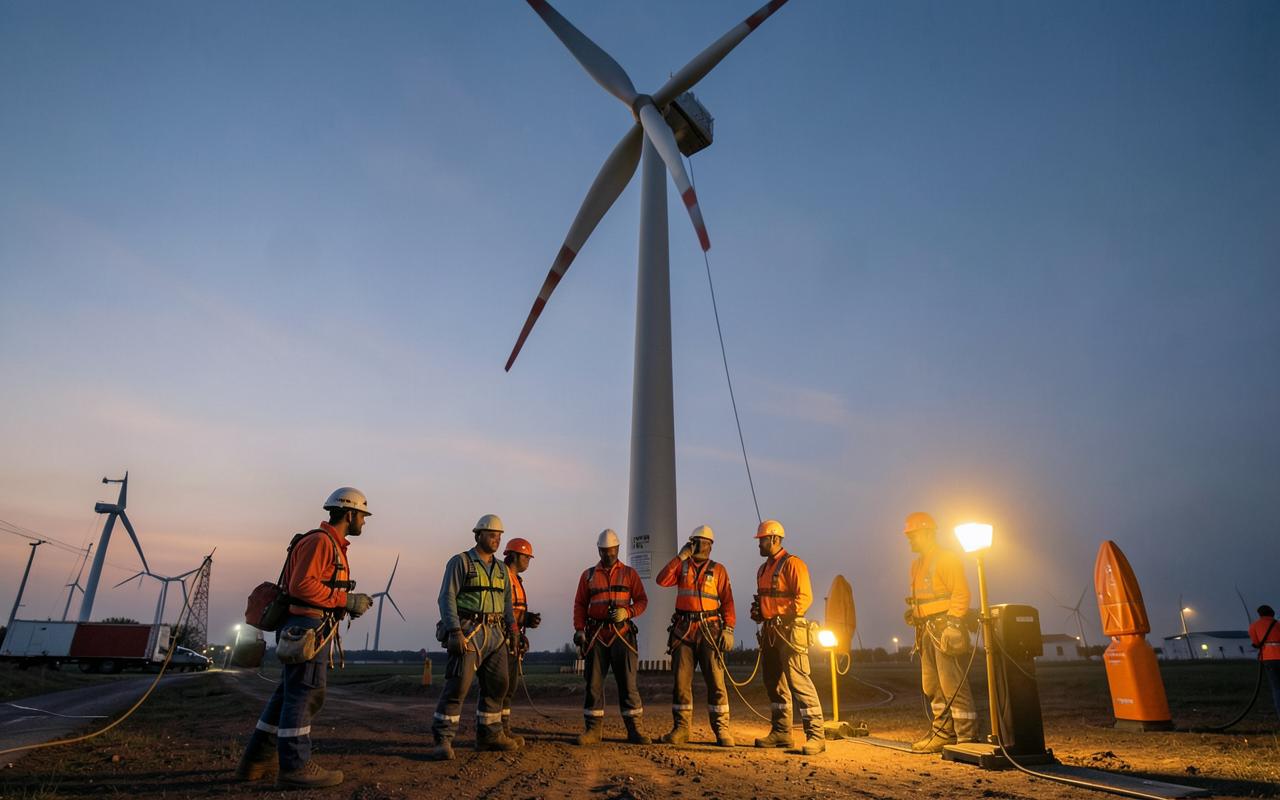 Wind turbine technicians training at dusk