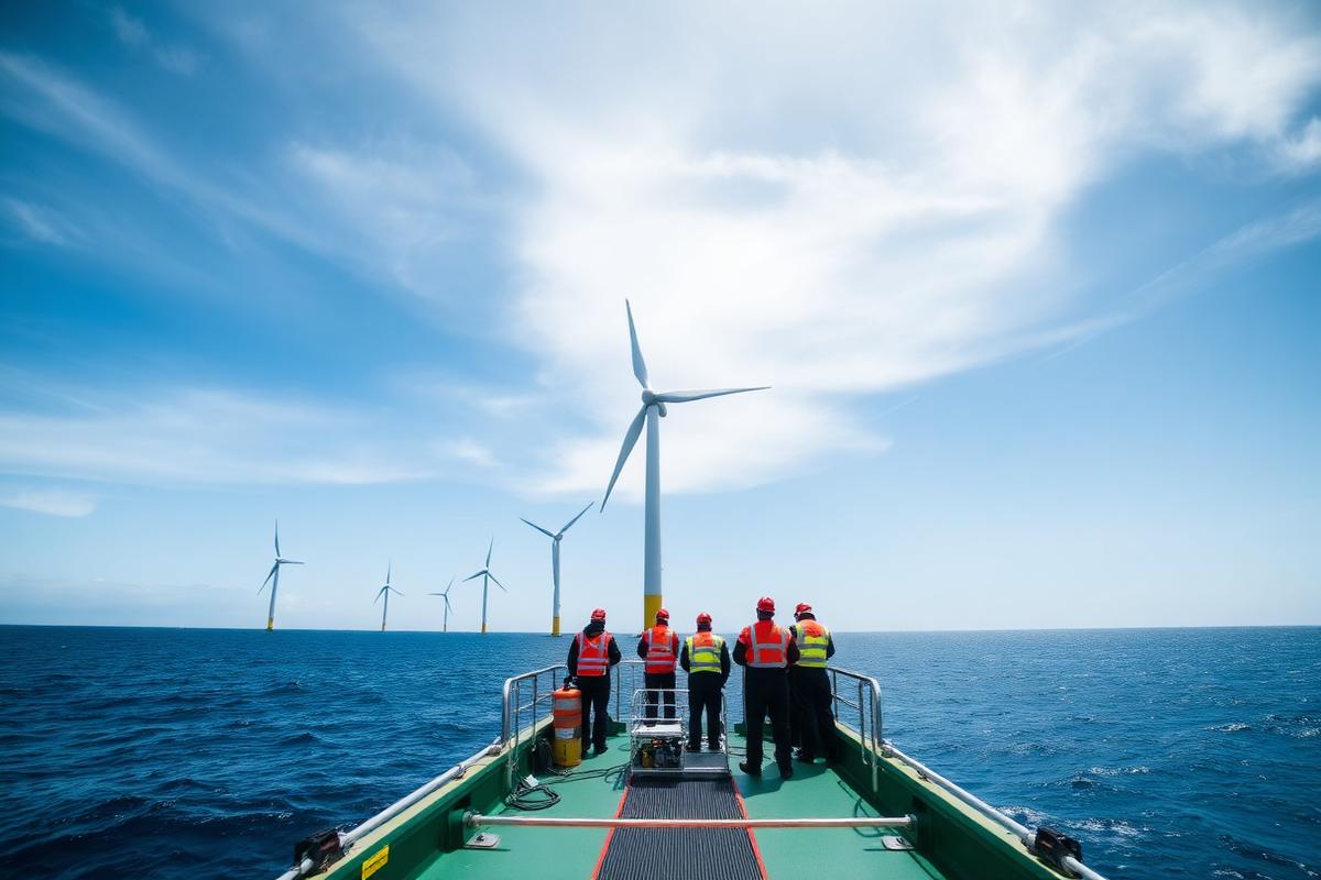 Technicians approaching an offshore wind farm