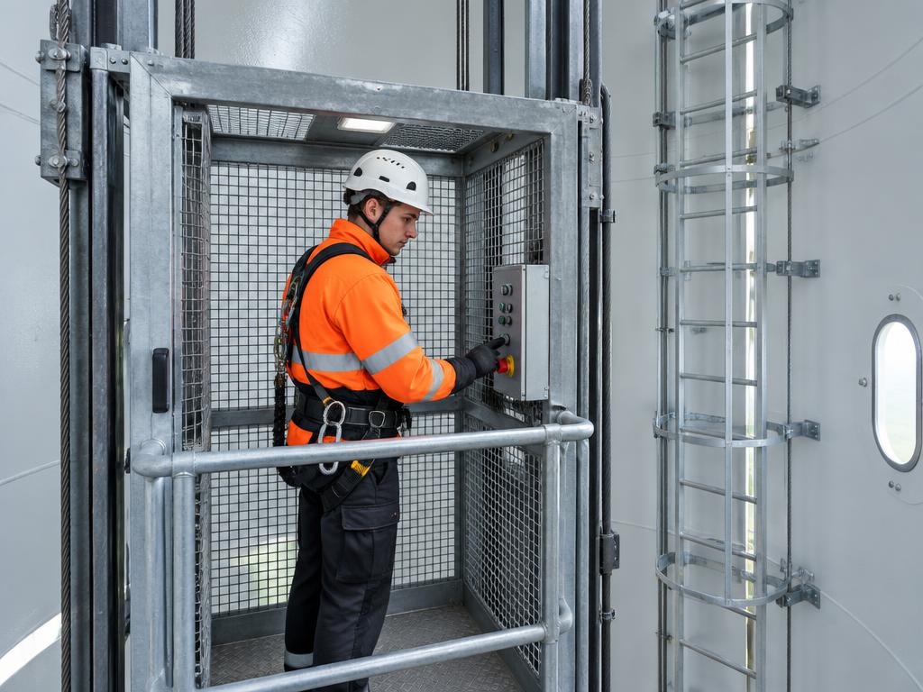 Illustration of a technician using a wind turbine service lift